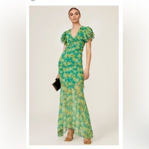 De La Vali Palmera Green Yellow Floral Maxi Dress